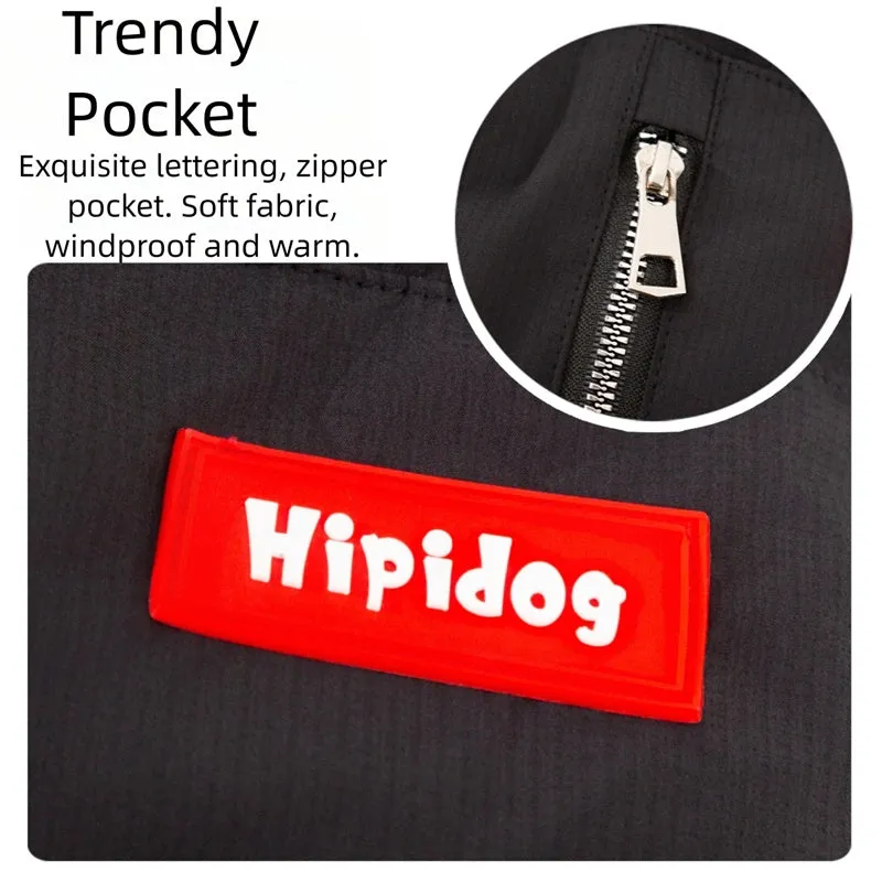 Thick cotton-padded dog vest for large breeds with zipper pocket and red border trim on a Golden Retriever