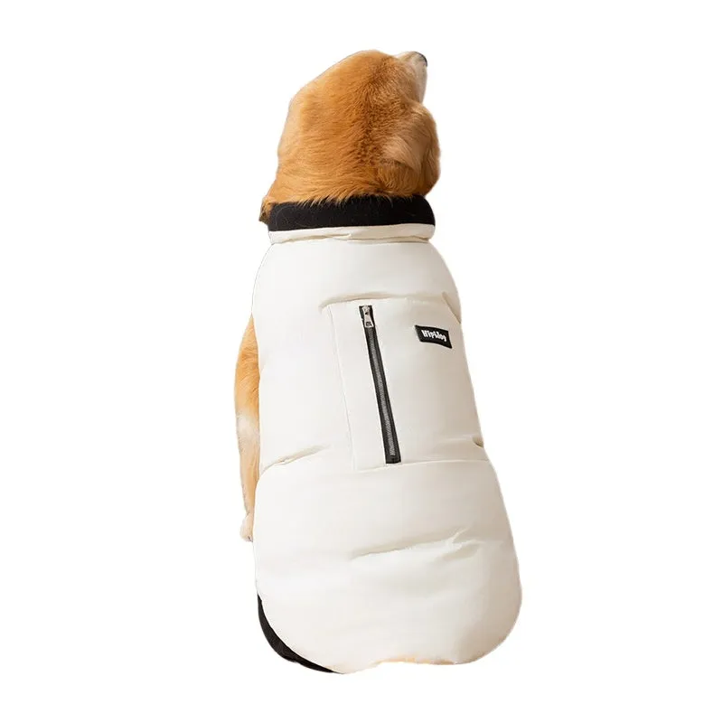 Thick cotton-padded dog vest for large breeds with zipper pocket and red border trim on a Golden Retriever