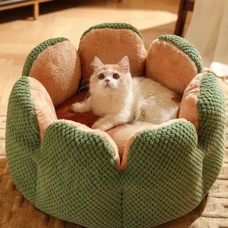 Cactus petal shape soft plush pet kennel bed for cats and dogs with non-slip bottom