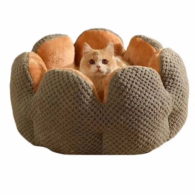 Cactus petal shape soft plush pet kennel bed for cats and dogs with non-slip bottom