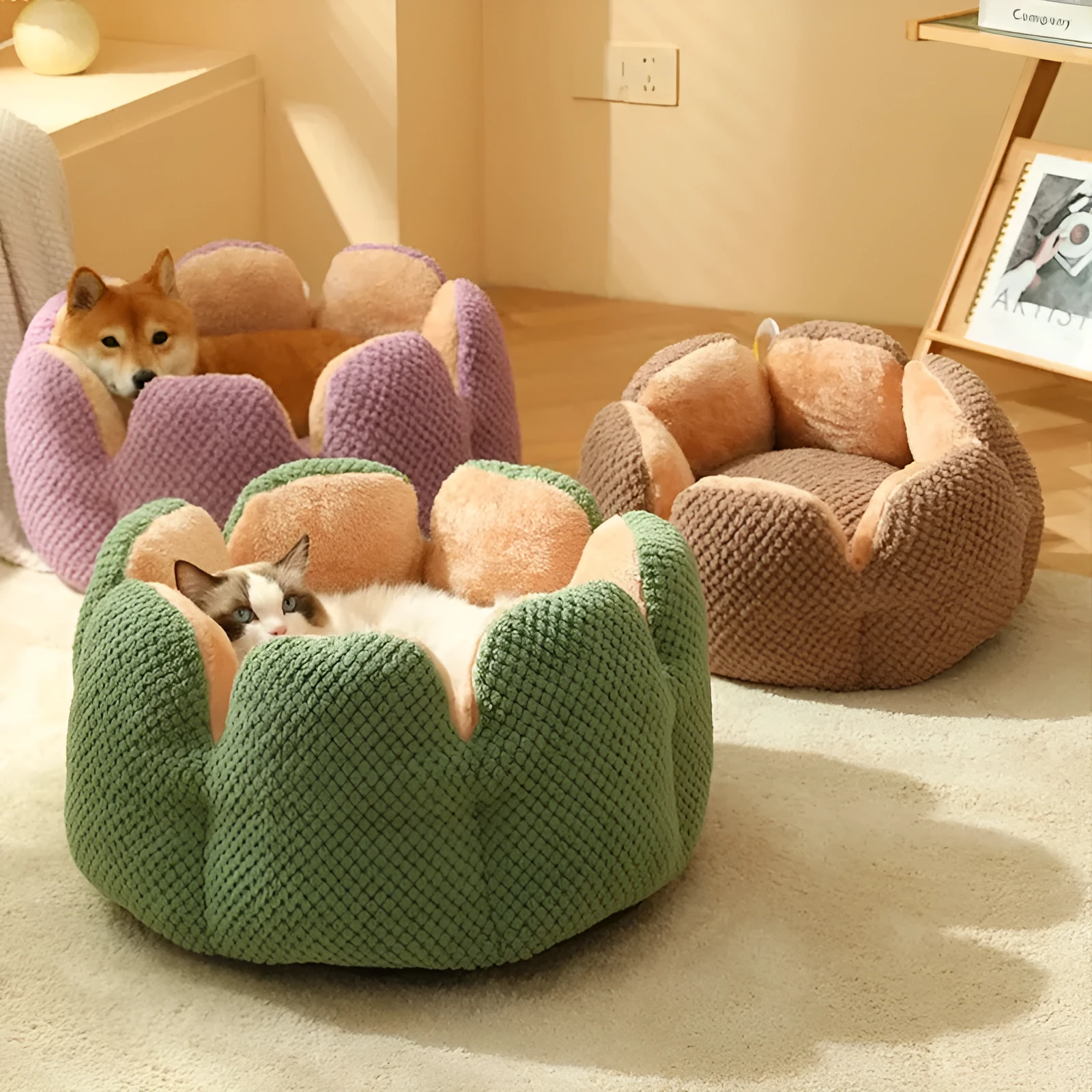 Cactus petal shape soft plush pet kennel bed for cats and dogs with non-slip bottom