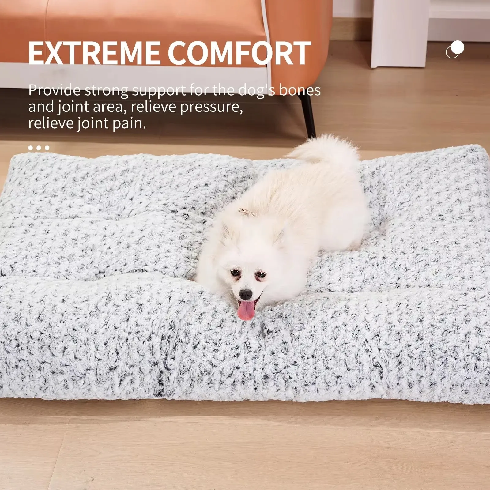 Washable plush dog bed mat in rose velvet with anti-slip bottom, available in sizes S to XXL