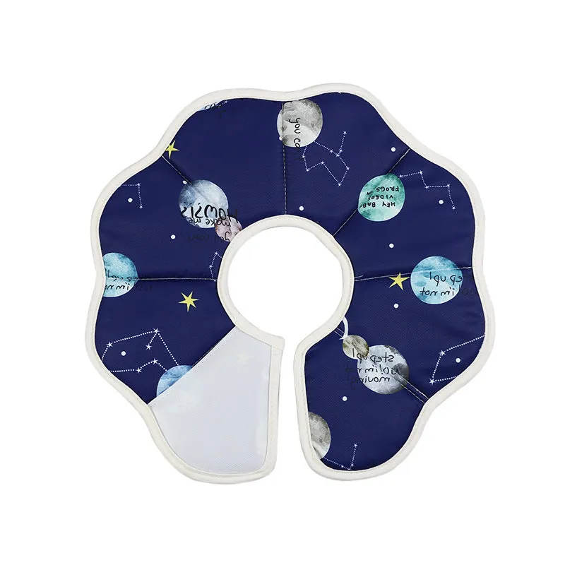 Soft adjustable cat recovery cone collar in constellation design with circular fastener