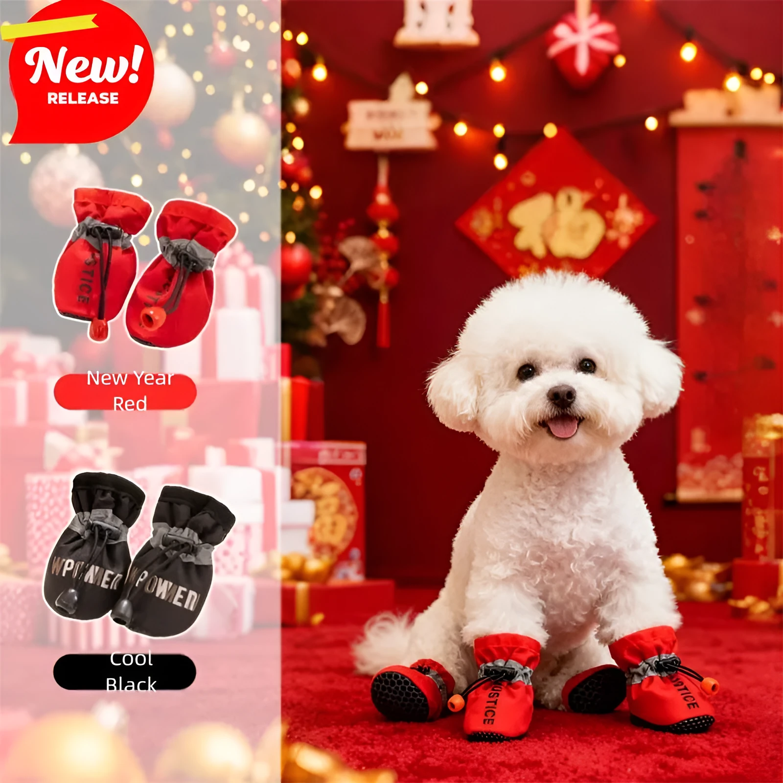 Fleece dog shoes for small dogs, black with golden Power print, soft sole, drawstring lock, on a white background