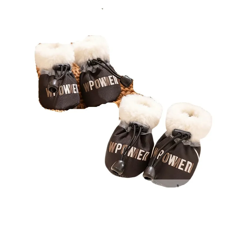 Fleece dog shoes for small dogs, black with golden Power print, soft sole, drawstring lock, on a white background