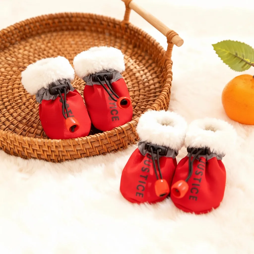 Fleece dog shoes for small dogs, black with golden Power print, soft sole, drawstring lock, on a white background