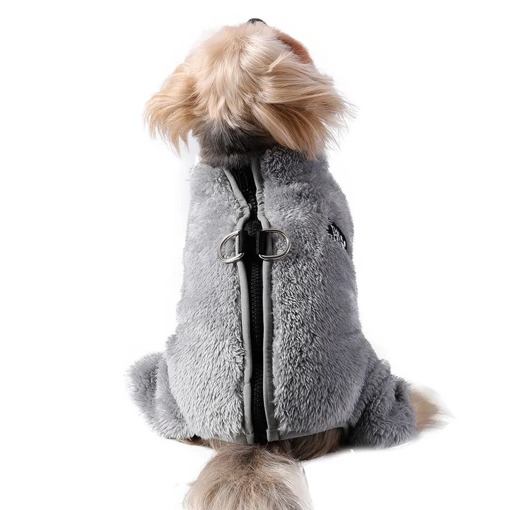 Polyester double-sided plush pet jumpsuit in gray colour for dogs, available in sizes XS to XL