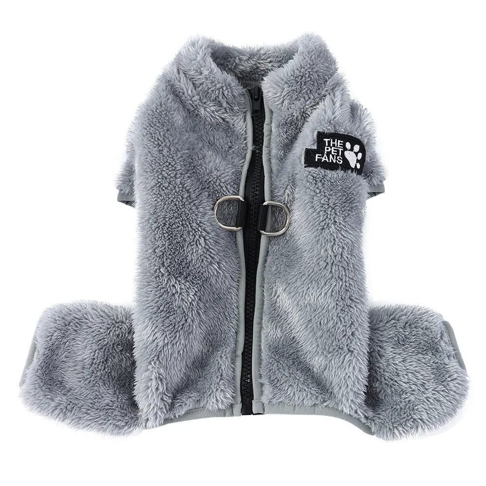 Polyester double-sided plush pet jumpsuit in gray colour for dogs, available in sizes XS to XL