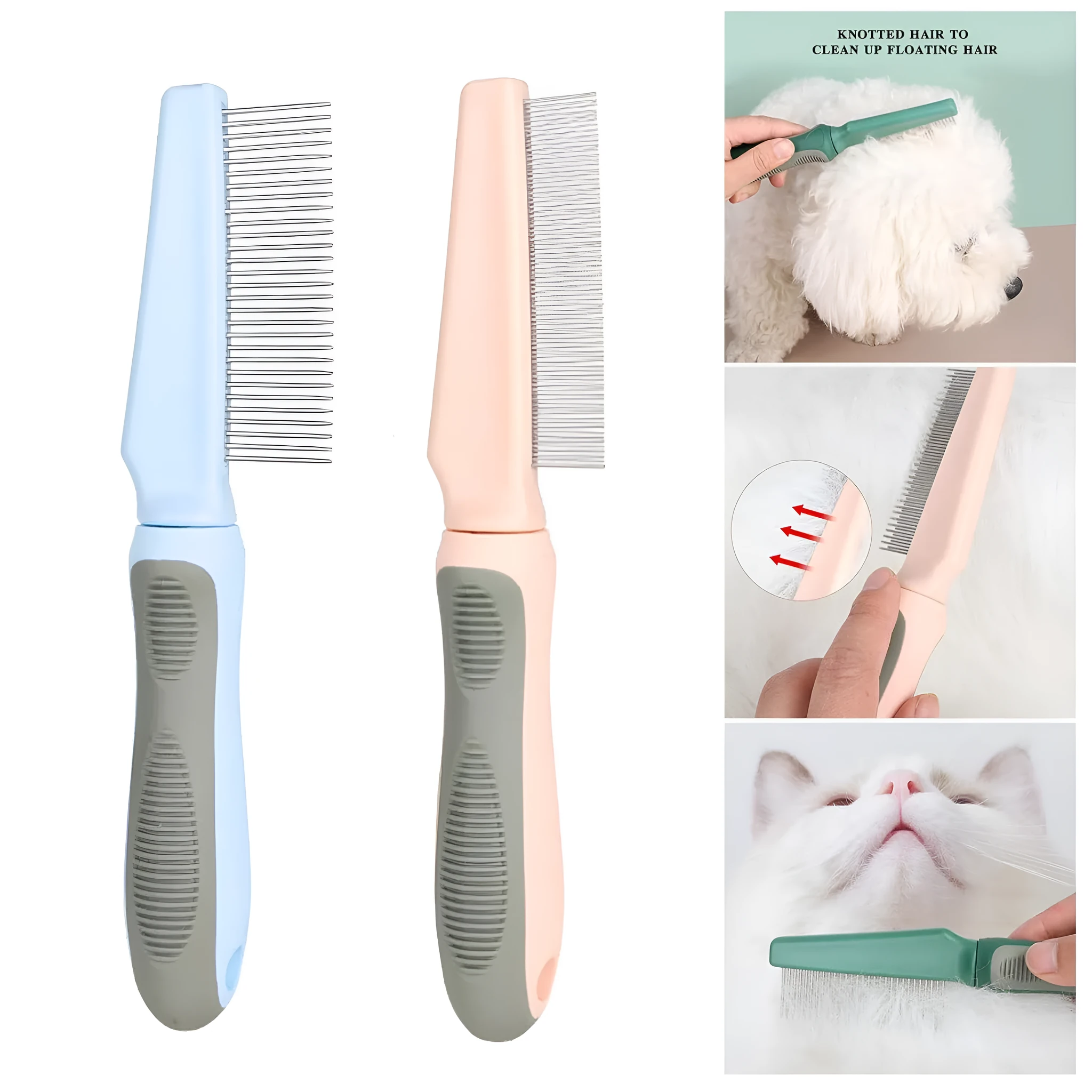 Blue pet detangler comb with three types of teeth and rubber handle for grooming cats and dogs