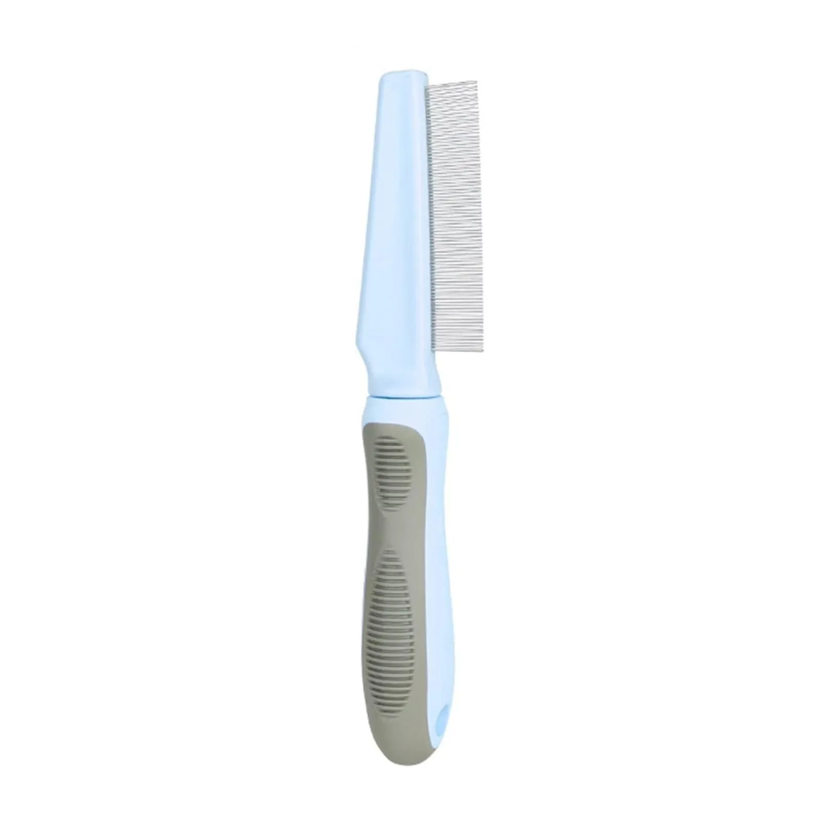 Blue pet detangler comb with three types of teeth and rubber handle for grooming cats and dogs