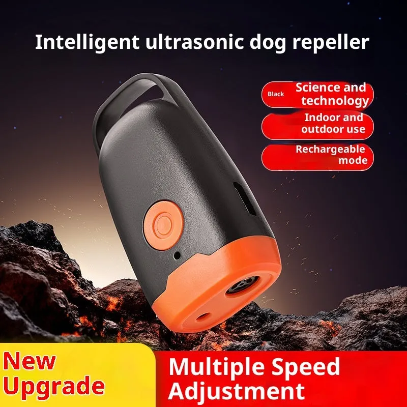 Mini ultrasonic dog dispeller in black and orange ABS casing measuring 3x2x6cm