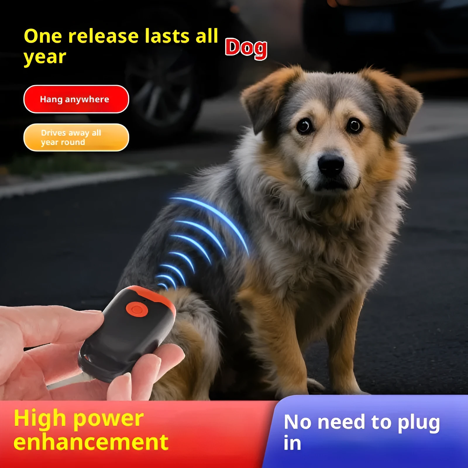 Mini ultrasonic dog dispeller in black and orange ABS casing measuring 3x2x6cm
