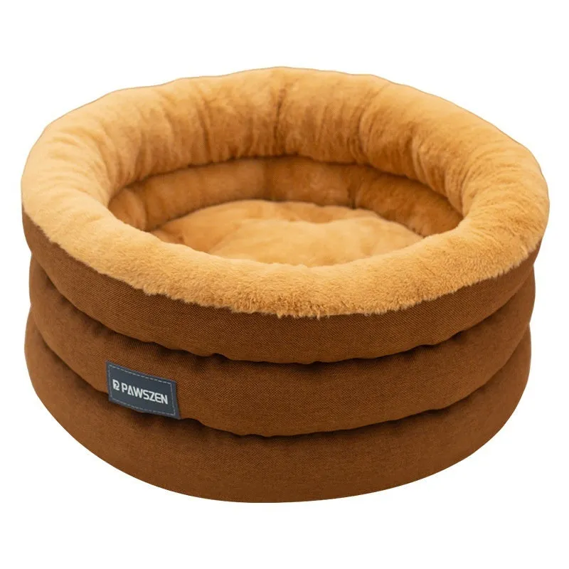 Round thickened dog bed in brown flannel linen with raised rim, small size 48x22cm