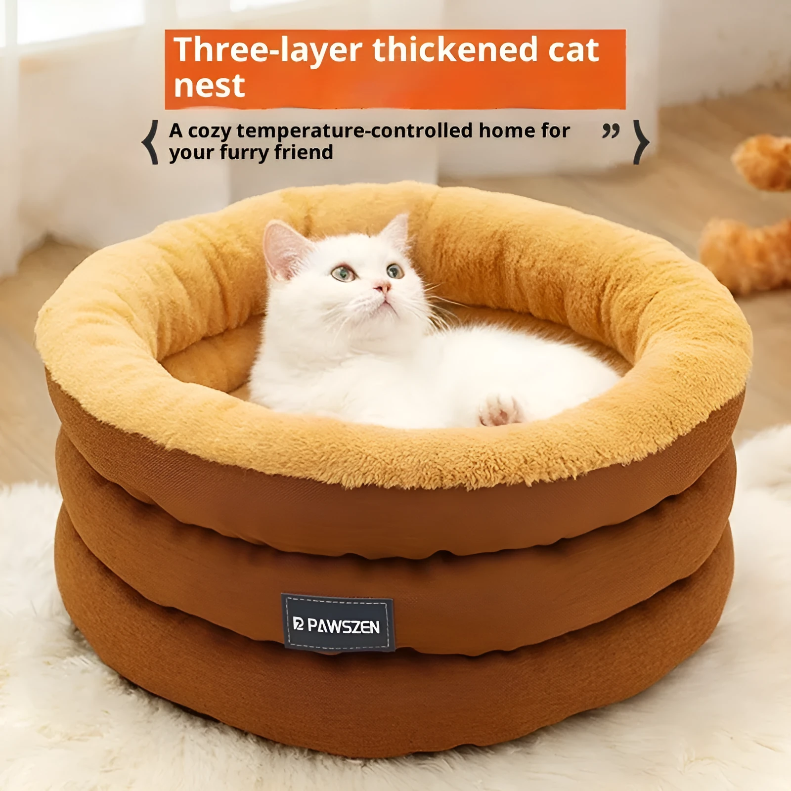 Round thickened dog bed in brown flannel linen with raised rim, small size 48x22cm