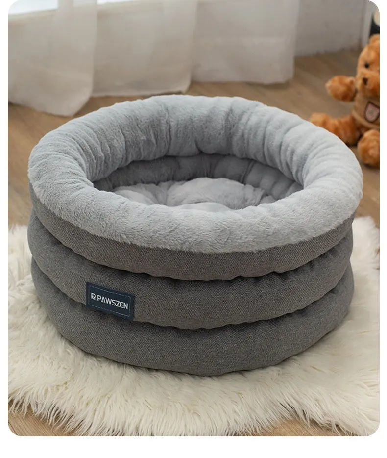 Round thickened dog bed in brown flannel linen with raised rim, small size 48x22cm