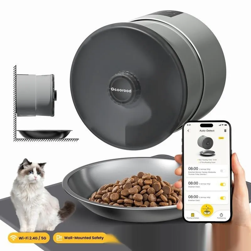 White plastic automatic pet feeder with button controls and UK plug for cats and dogs