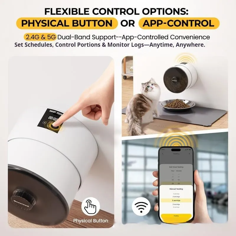 White plastic automatic pet feeder with button controls and UK plug for cats and dogs