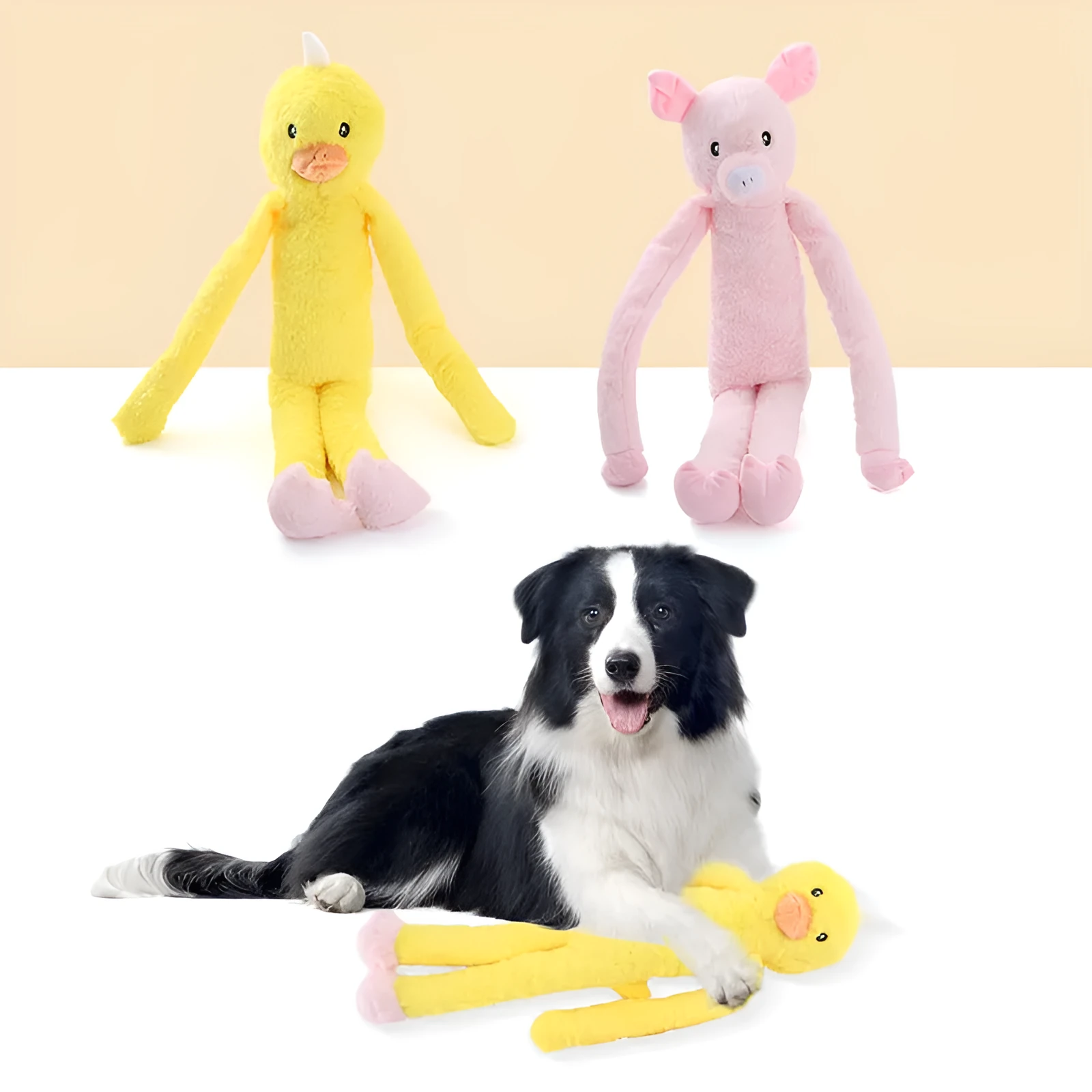 Large pink and yellow plush dog toy with interactive rattle and crinkle paper sound features