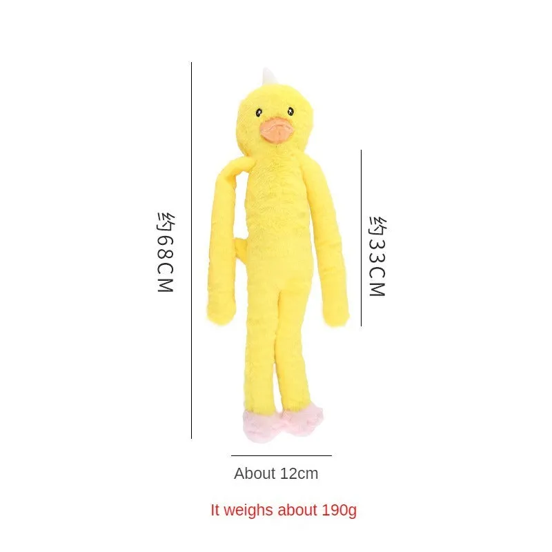 Large pink and yellow plush dog toy with interactive rattle and crinkle paper sound features