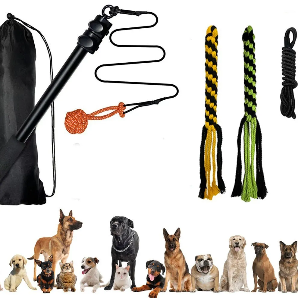 102cm black three-section aluminium alloy telescopic dog teasing rod with two bite ropes and one ball on a white background