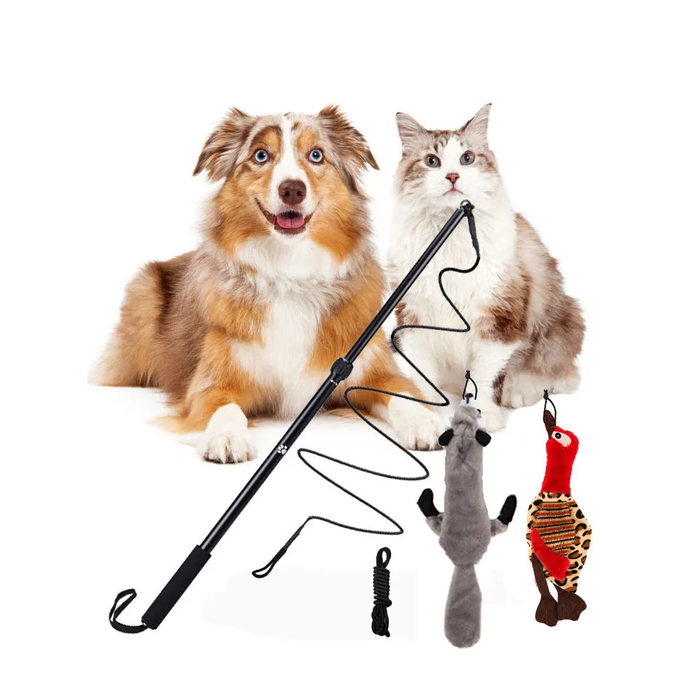 102cm black three-section aluminium alloy telescopic dog teasing rod with two bite ropes and one ball on a white background