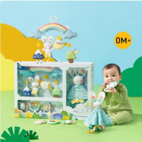 White plastic newborn soothing rattle teether with Obi big ears adorable rabbit design in gift box