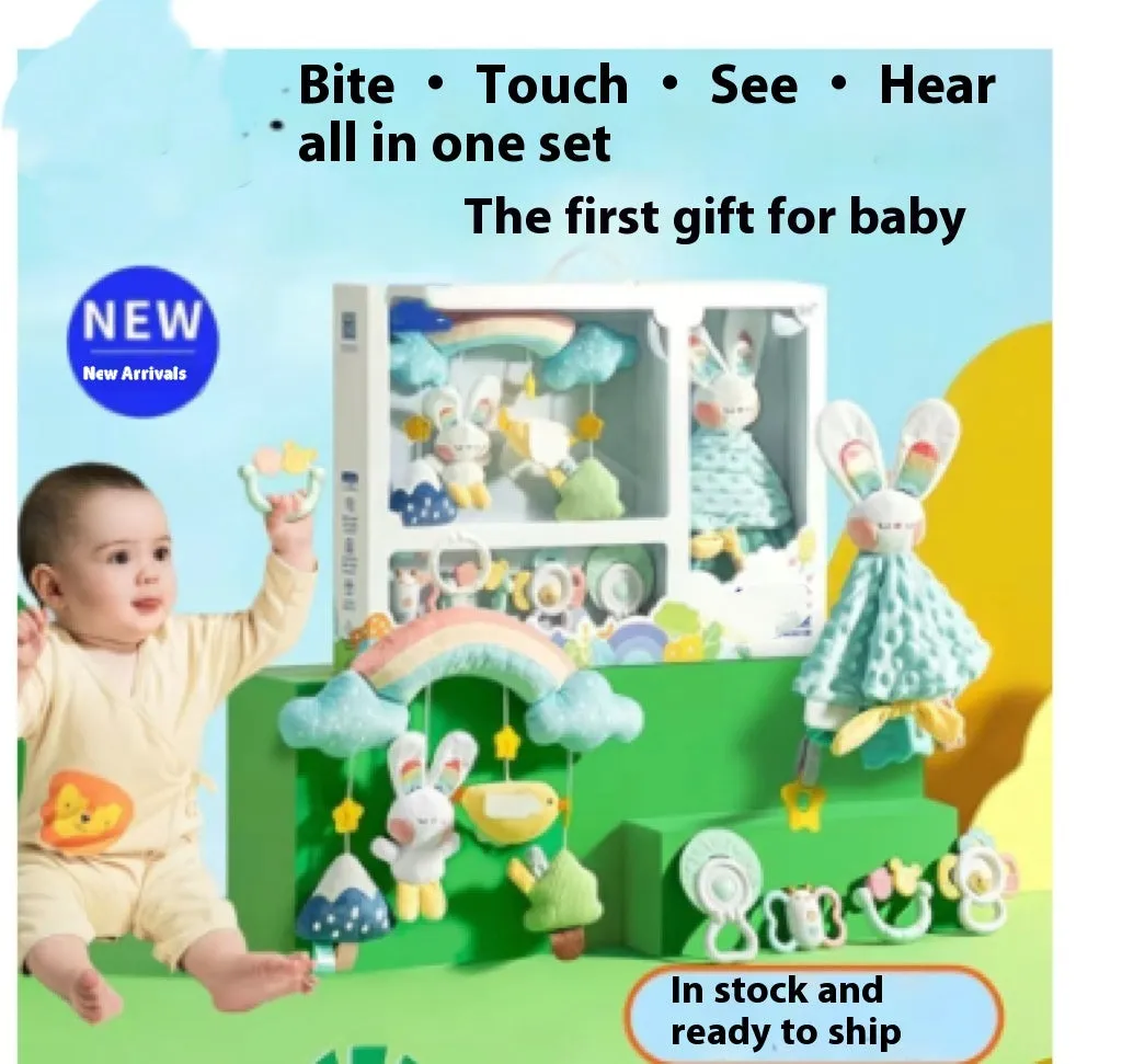 White plastic newborn soothing rattle teether with Obi big ears adorable rabbit design in gift box