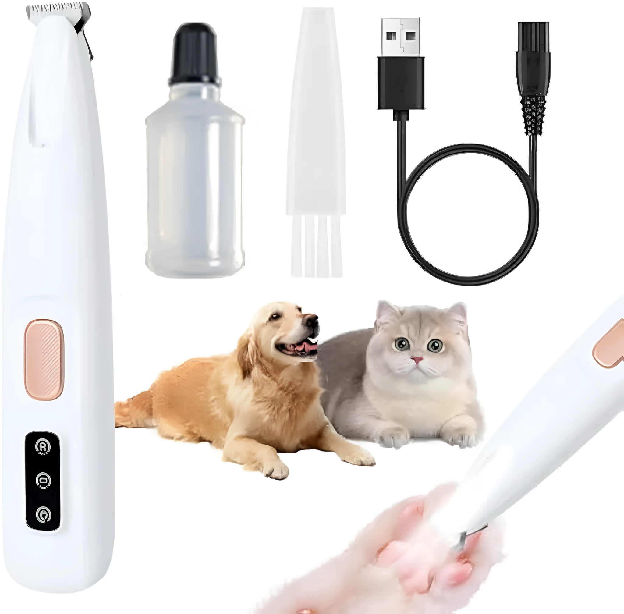 White rechargeable electric dog paw trimmer with LED light on a white background.