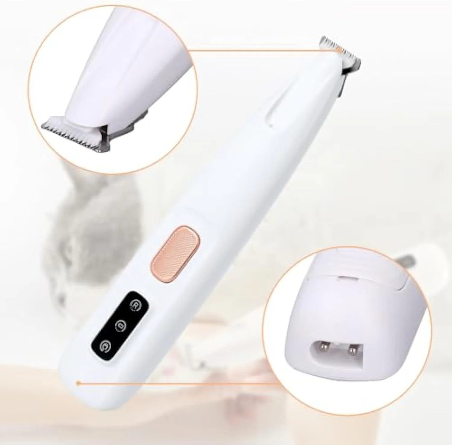 White rechargeable electric dog paw trimmer with LED light on a white background.