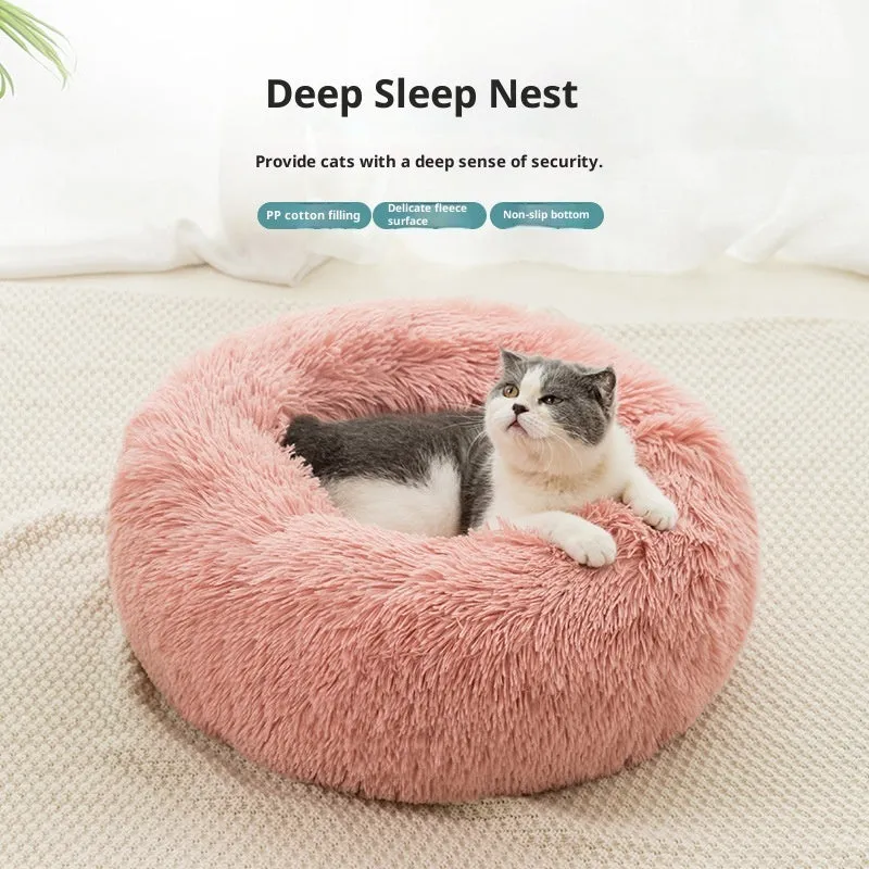 Plush fabric pet bed in round shape for dogs and cats multiple sizes and colours