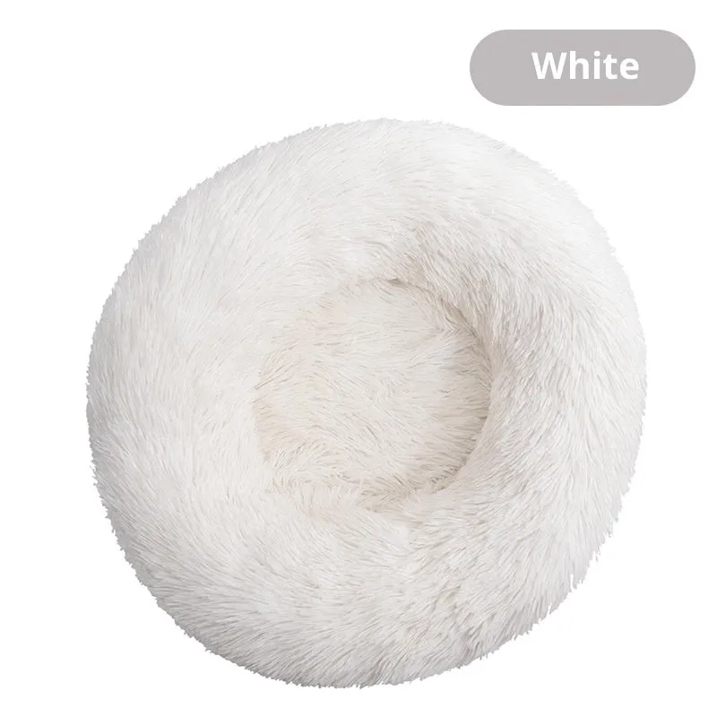 Plush fabric pet bed in round shape for dogs and cats multiple sizes and colours