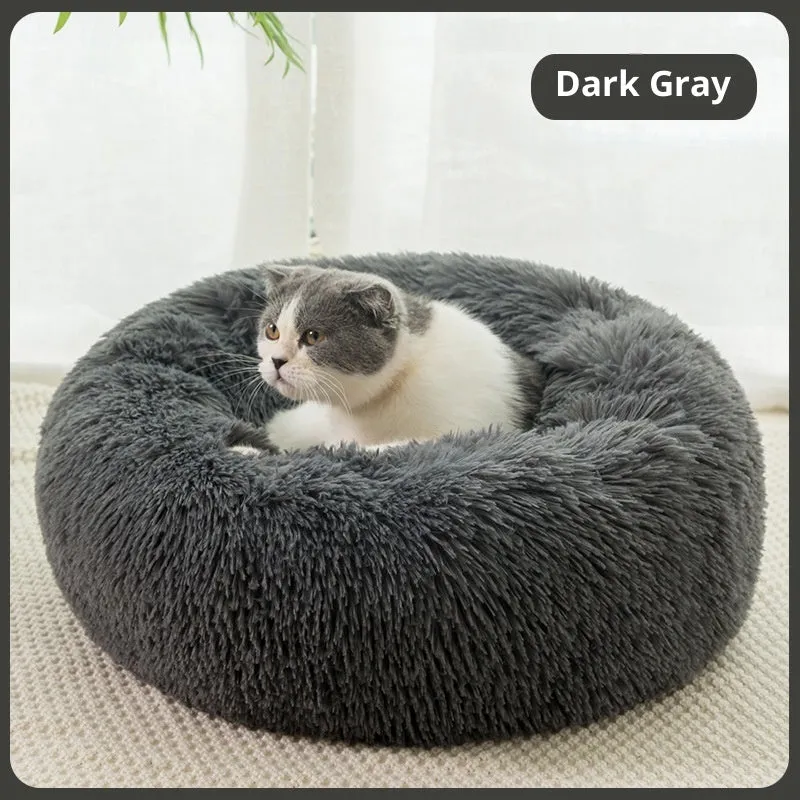 Plush fabric pet bed in round shape for dogs and cats multiple sizes and colours
