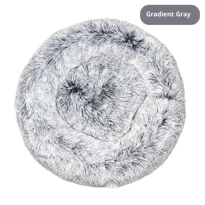 Plush fabric pet bed in round shape for dogs and cats multiple sizes and colours