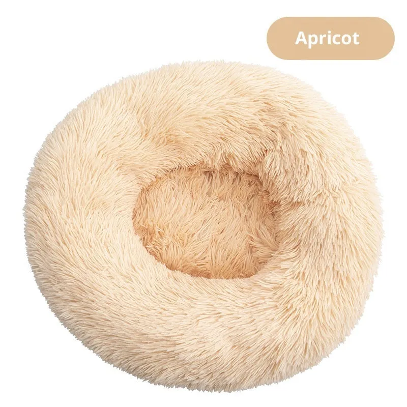 Plush fabric pet bed in round shape for dogs and cats multiple sizes and colours