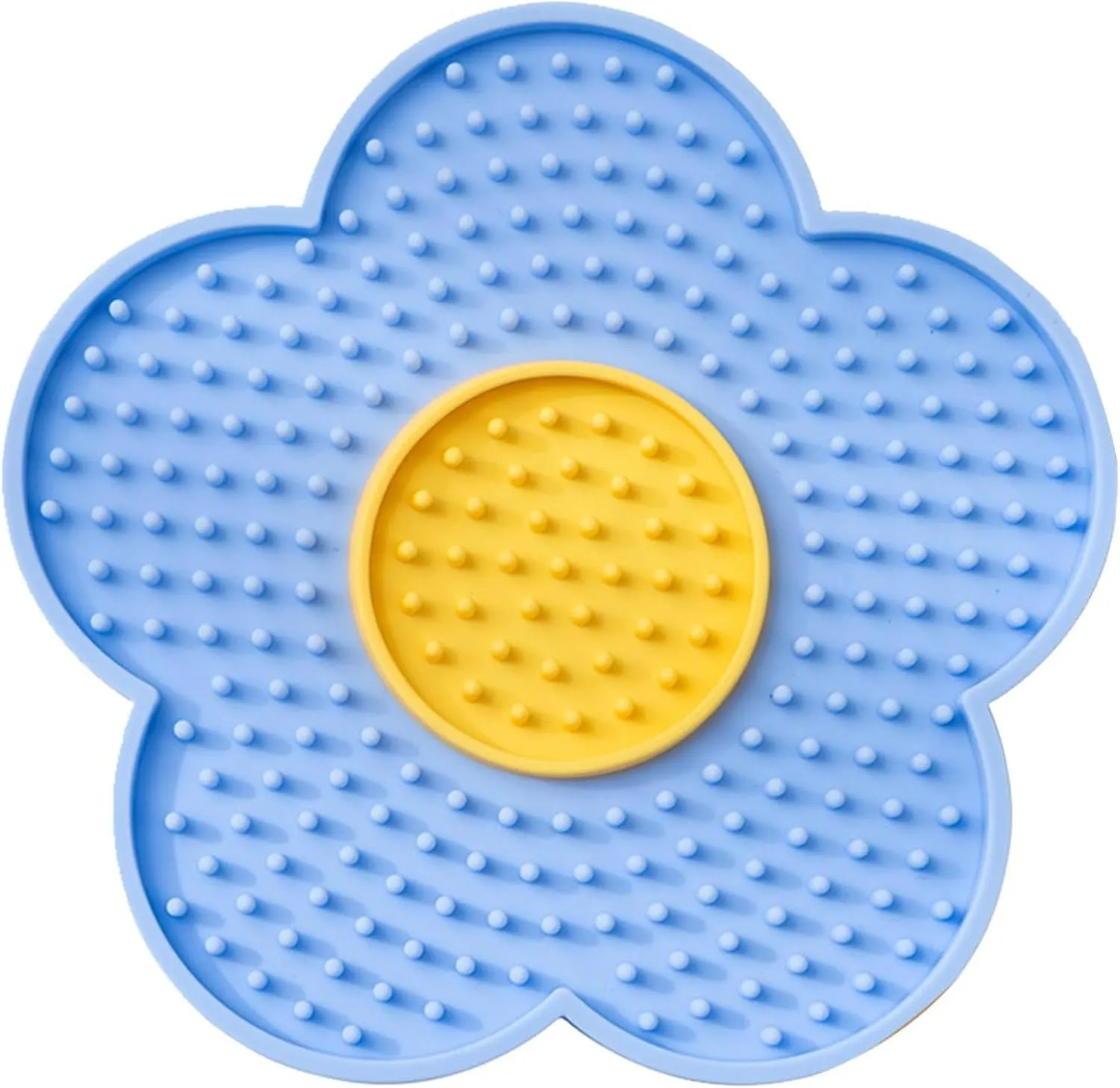 Flower-shaped silicone pet lick mat with suction cups on a smooth surface in assorted colours.