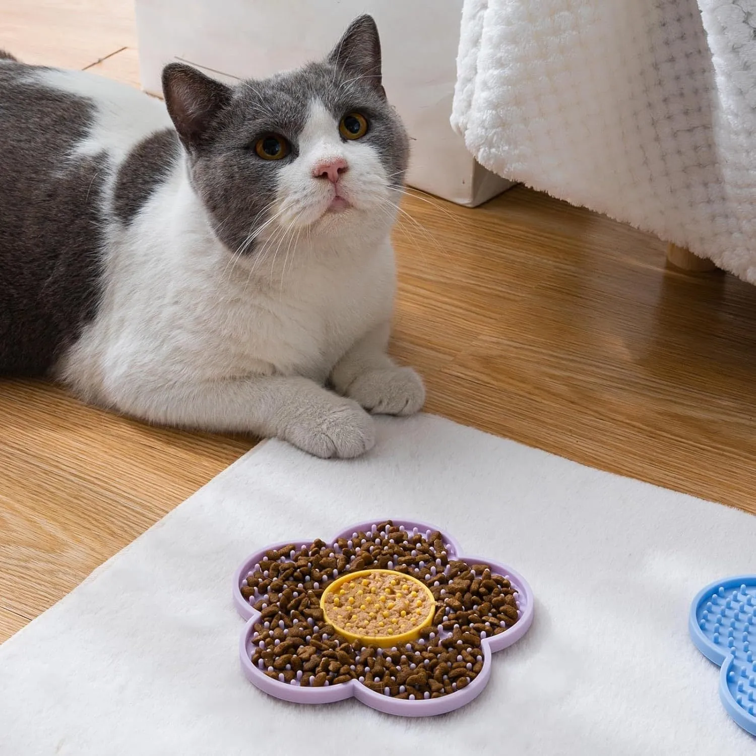 Flower-shaped silicone pet lick mat with suction cups on a smooth surface in assorted colours.