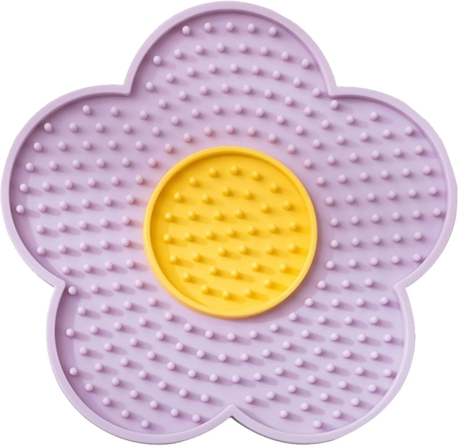 Flower-shaped silicone pet lick mat with suction cups on a smooth surface in assorted colours.