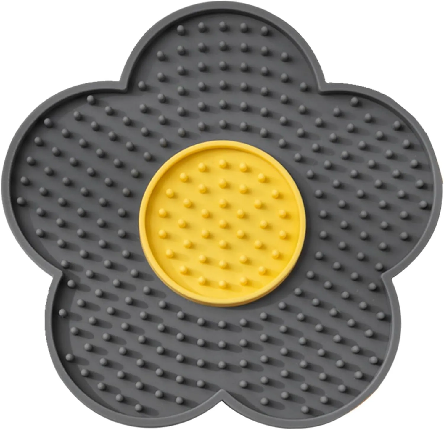Flower-shaped silicone pet lick mat with suction cups on a smooth surface in assorted colours.
