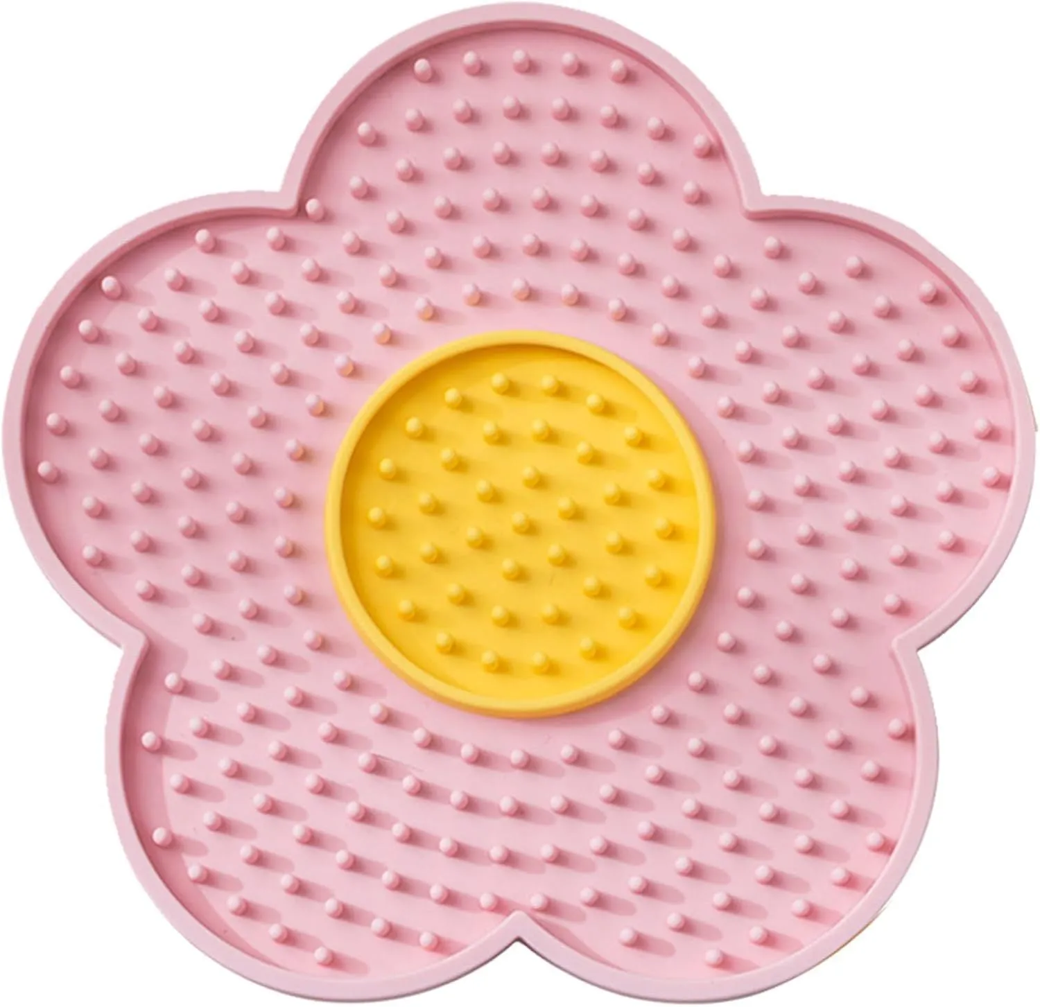 Flower-shaped silicone pet lick mat with suction cups on a smooth surface in assorted colours.