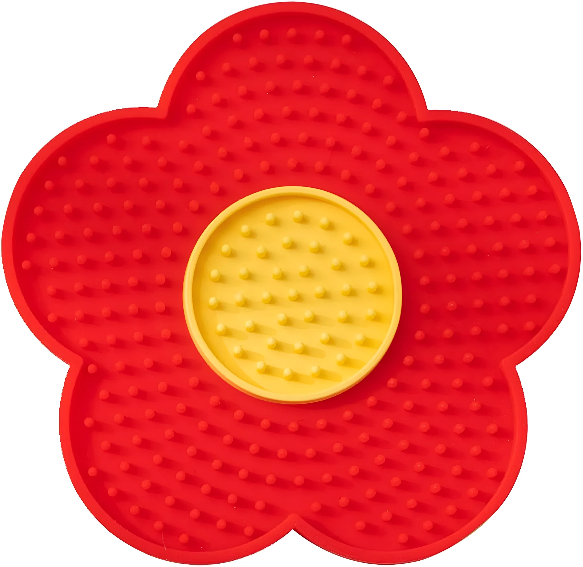 Flower-shaped silicone pet lick mat with suction cups on a smooth surface in assorted colours.