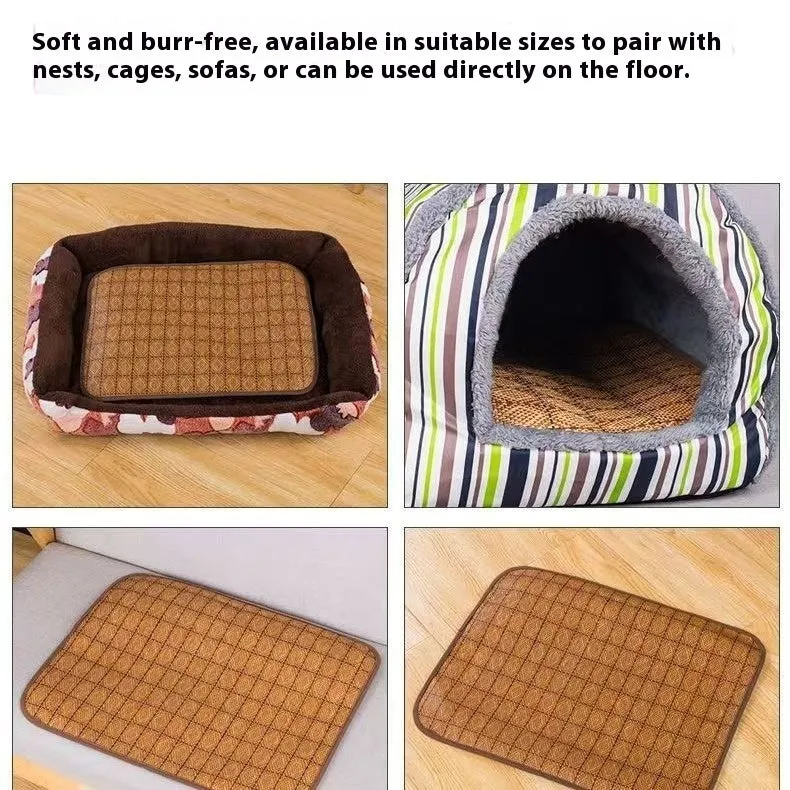 Brown rattan fibre cooling mat for dogs on a wooden floor.