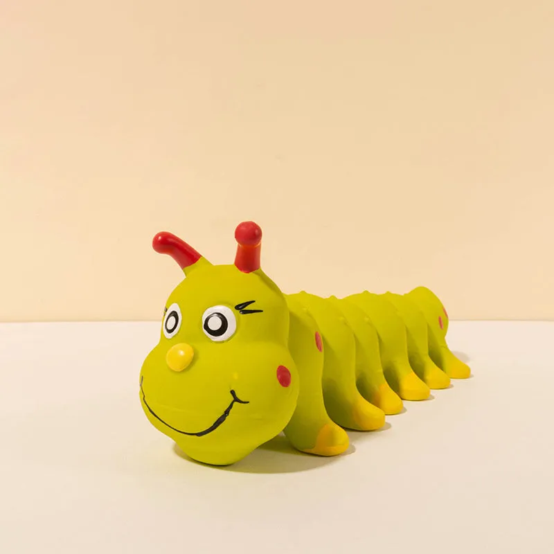 Yellow rubber caterpillar-shaped dog toy with squeaker measuring 25.5cm long