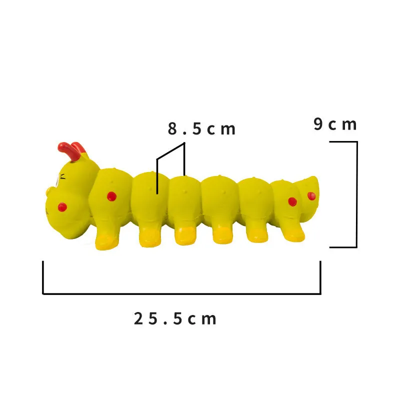 Yellow rubber caterpillar-shaped dog toy with squeaker measuring 25.5cm long