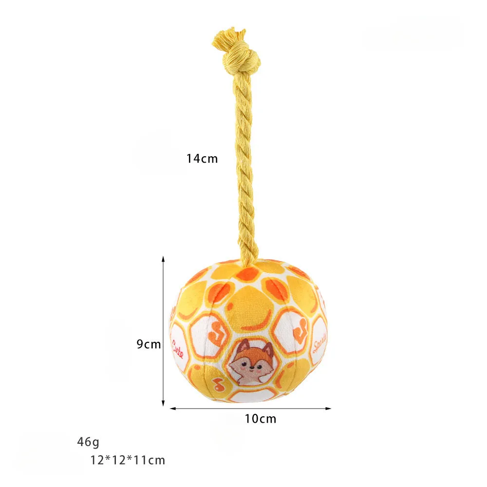 Blue and yellow elastic football dog toy made from cotton rope for tug of war and teeth grinding.