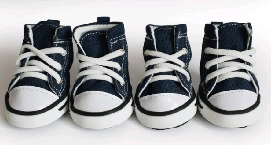Pet denim canvas dog shoes in navy blue, waterproof non-slip sole, size options for small dogs