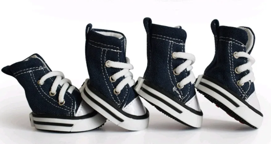 Pet denim canvas dog shoes in navy blue, waterproof non-slip sole, size options for small dogs