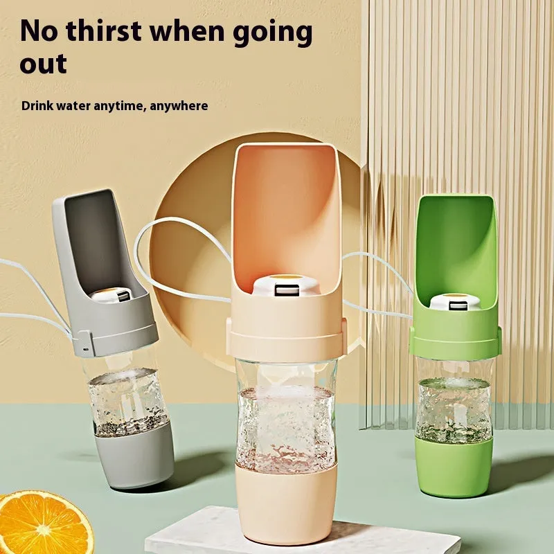 Grey 2-in-1 travel dog water bottle with 690ml capacity, lanyard, and dry-wet separation design for outdoor use