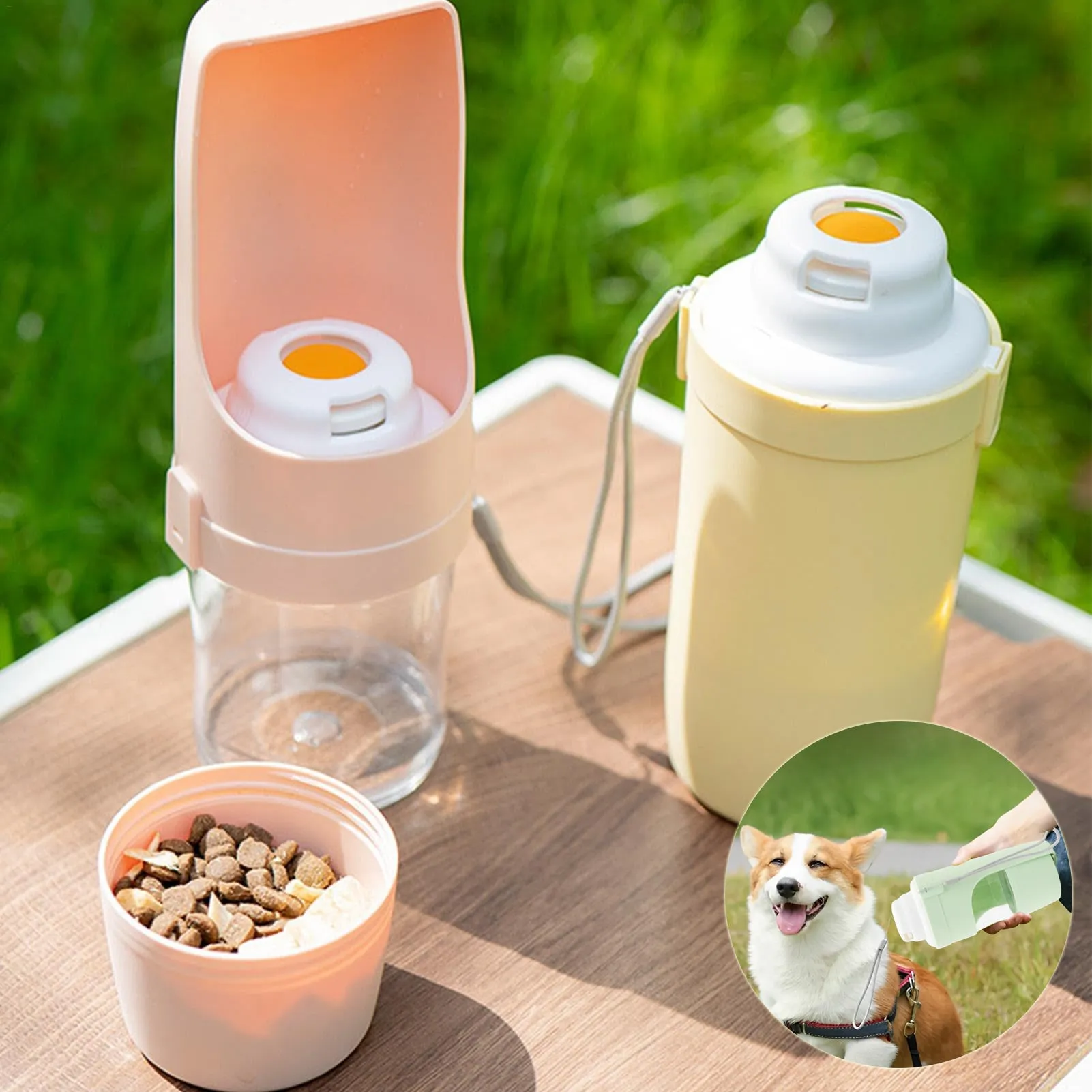 Grey 2-in-1 travel dog water bottle with 690ml capacity, lanyard, and dry-wet separation design for outdoor use