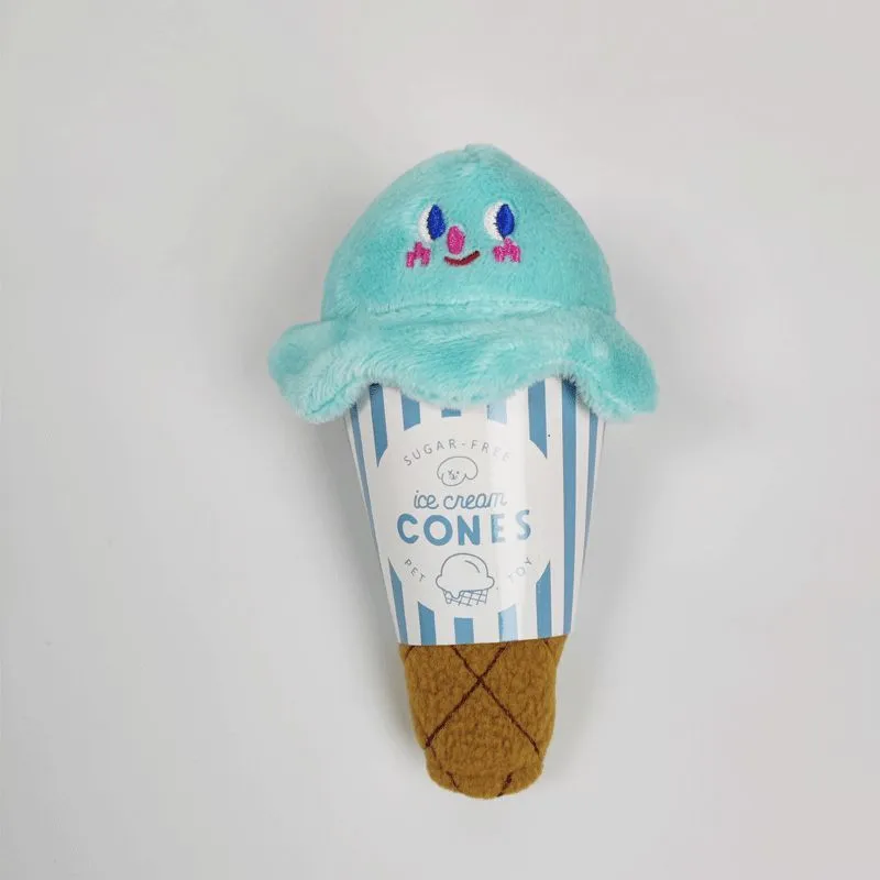 Fleece squeaky ice cream toy for dogs and cats in lake blue on a light background