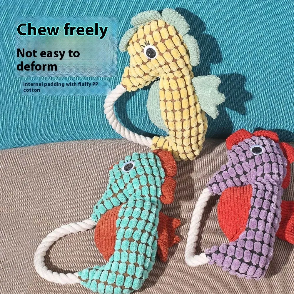 Pineapple velvet molar pet toy in green seahorse design with plush texture and squeaker, 16.5x23.5cm